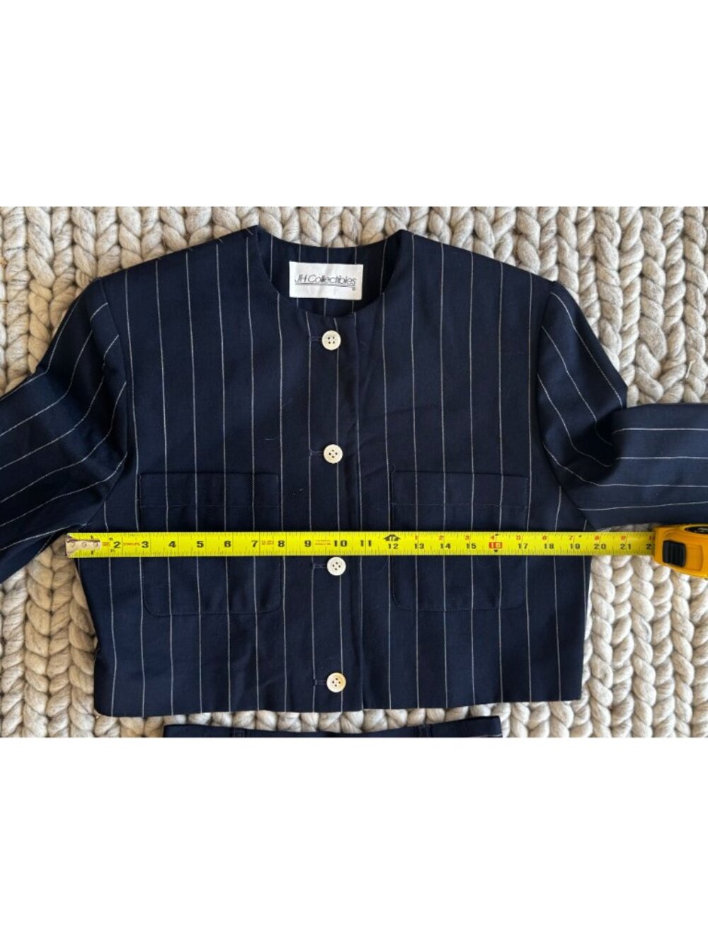 JH Collectibles Navy Pinstripe Two-Piece Skirt Suit Size 8 Made In Colombia Long - Picture 5 of 13